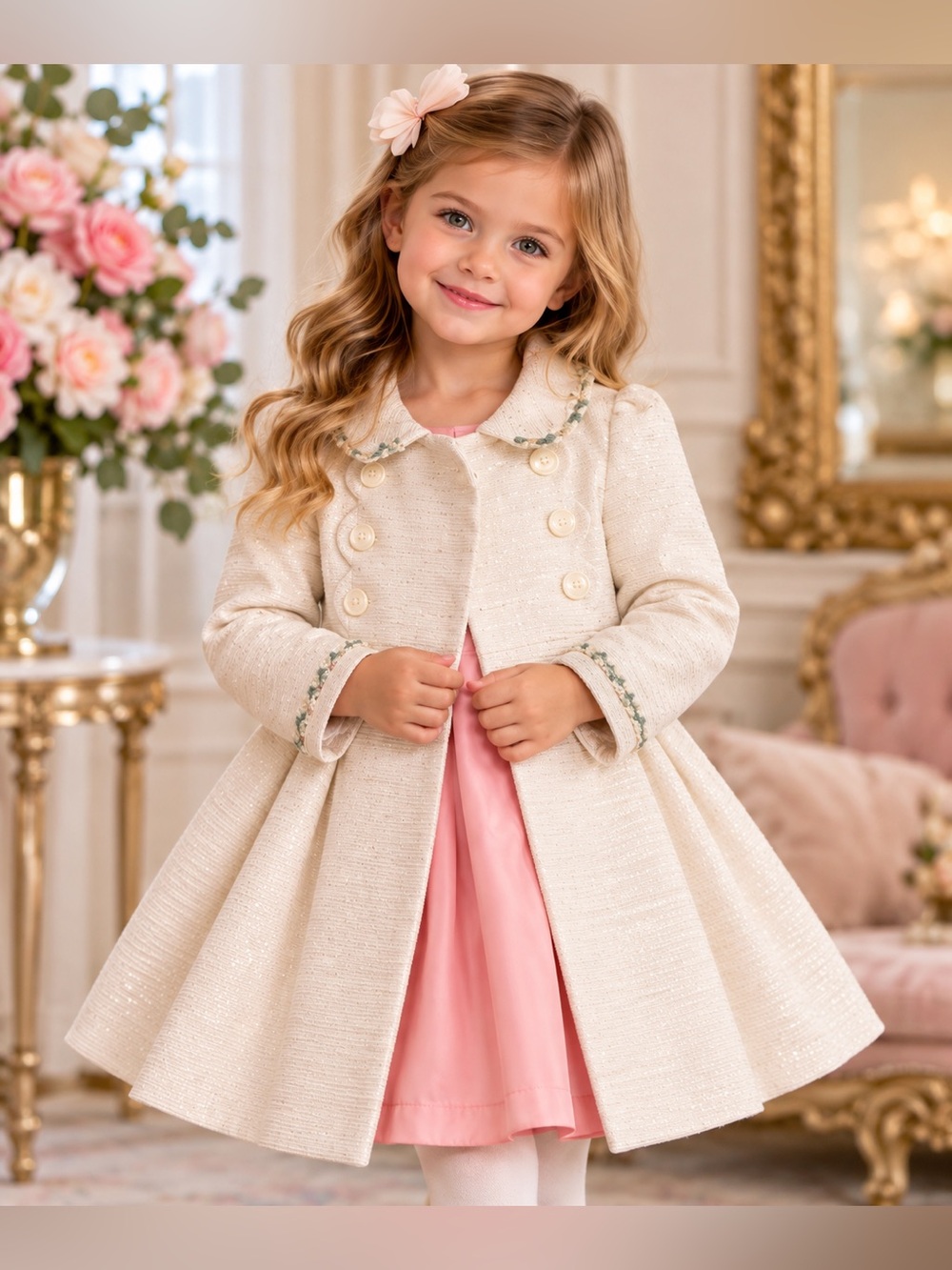 Christian Siriano Girls 3T Ivory Shimmer Dress Coat Pink Lining Double-Breasted